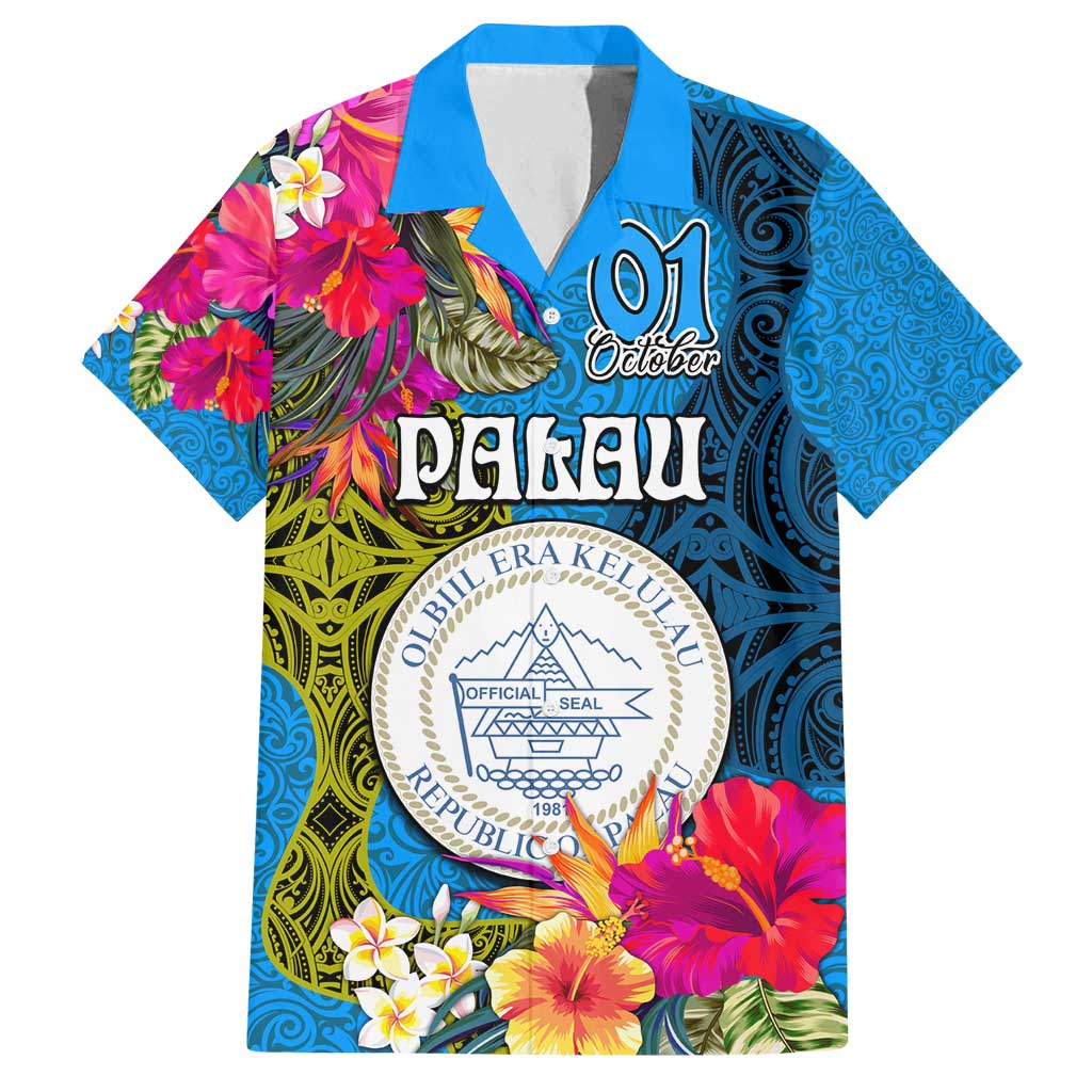 Personalised Palau Independence Day Family Matching Tank Maxi Dress and Hawaiian Shirt 1st October 30th Anniversary Polynesian Jungle Flower LT03 Dad's Shirt - Short Sleeve Blue - Polynesian Pride