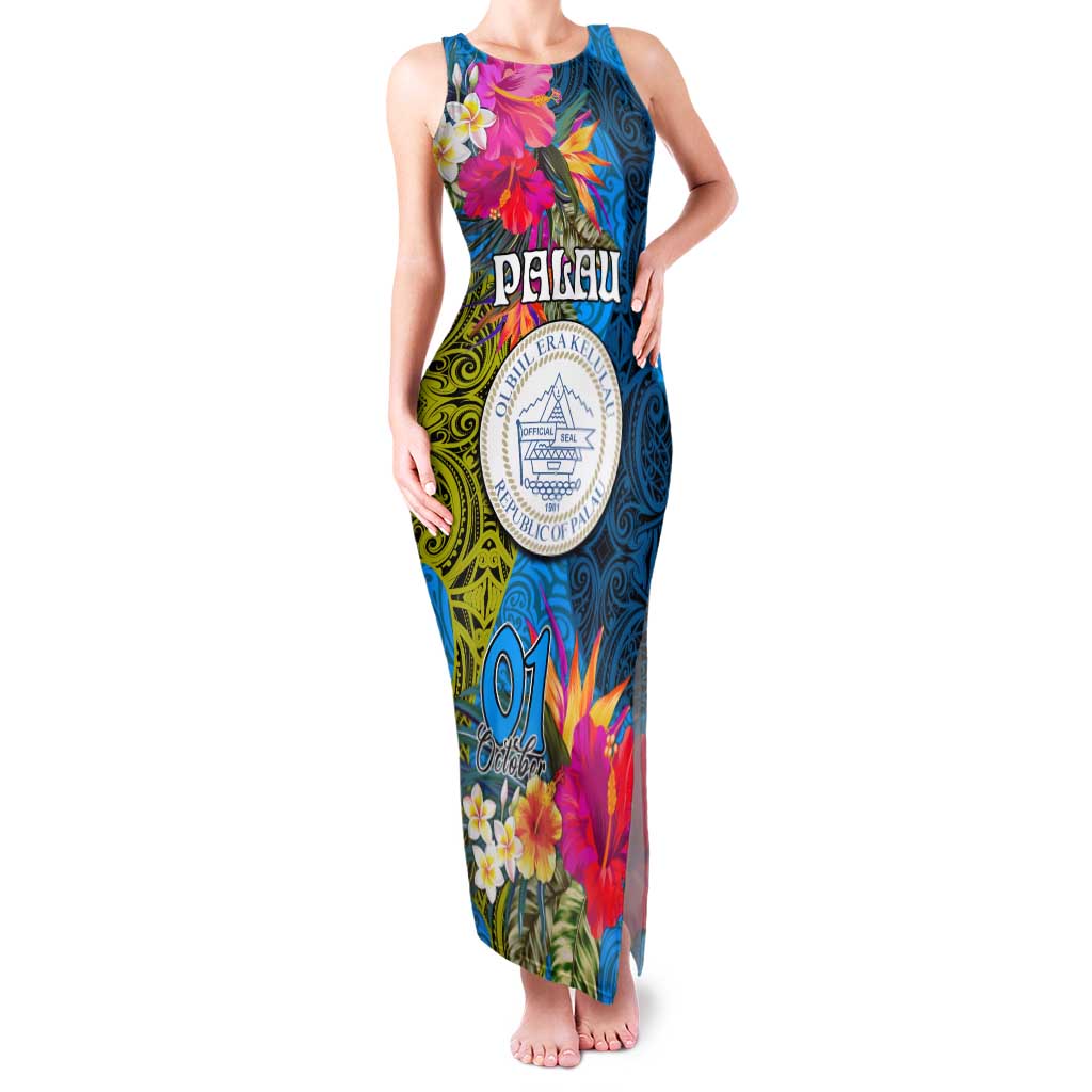 Personalised Palau Independence Day Family Matching Tank Maxi Dress and Hawaiian Shirt 1st October 30th Anniversary Polynesian Jungle Flower LT03 Mom's Dress Blue - Polynesian Pride