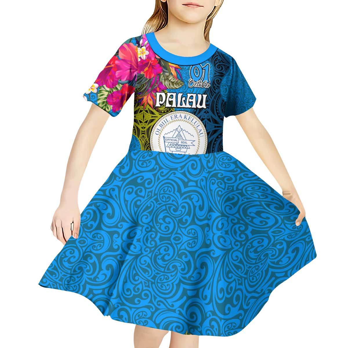 Personalised Palau Independence Day Kid Short Sleeve Dress 1st October 30th Anniversary Polynesian Jungle Flower LT03 - Polynesian Pride