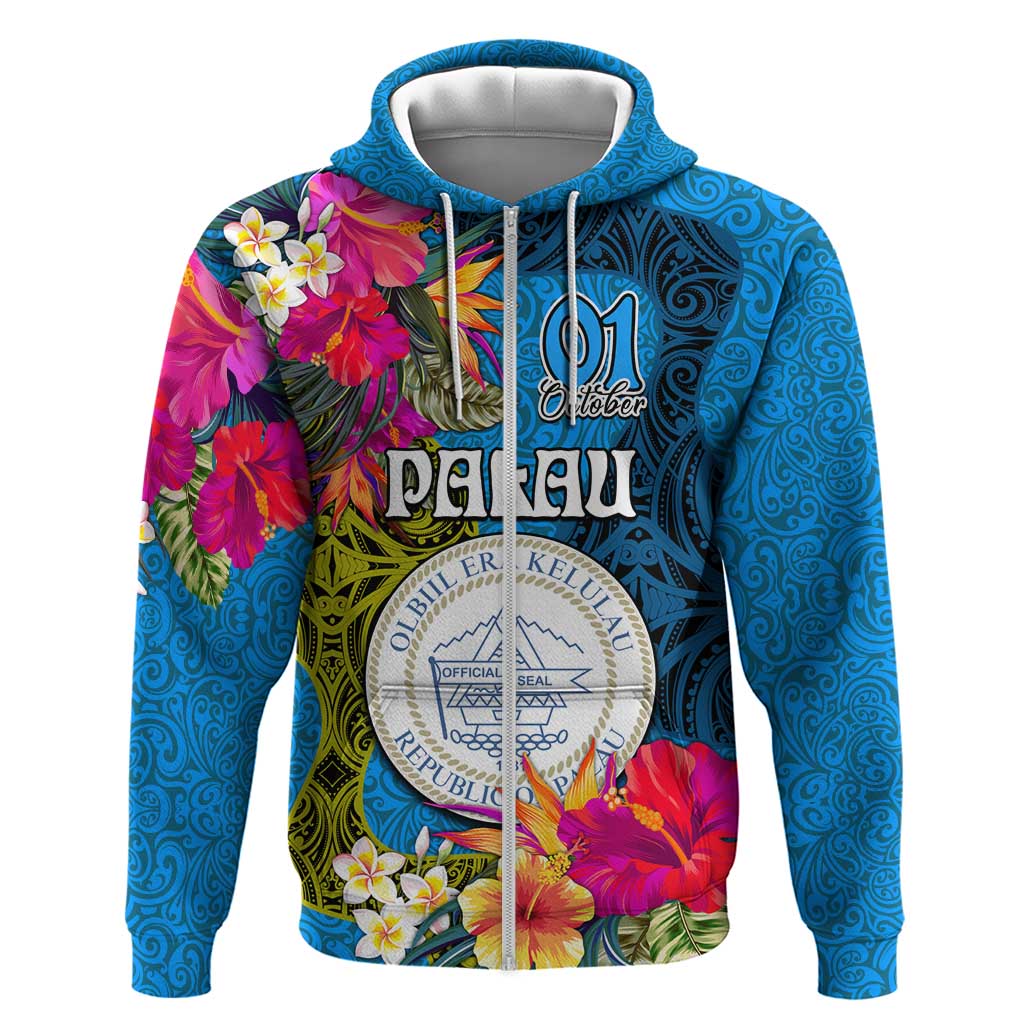 Personalised Palau Independence Day Zip Hoodie 1st October 30th Anniversary Polynesian Jungle Flower LT03 Zip Hoodie Blue - Polynesian Pride