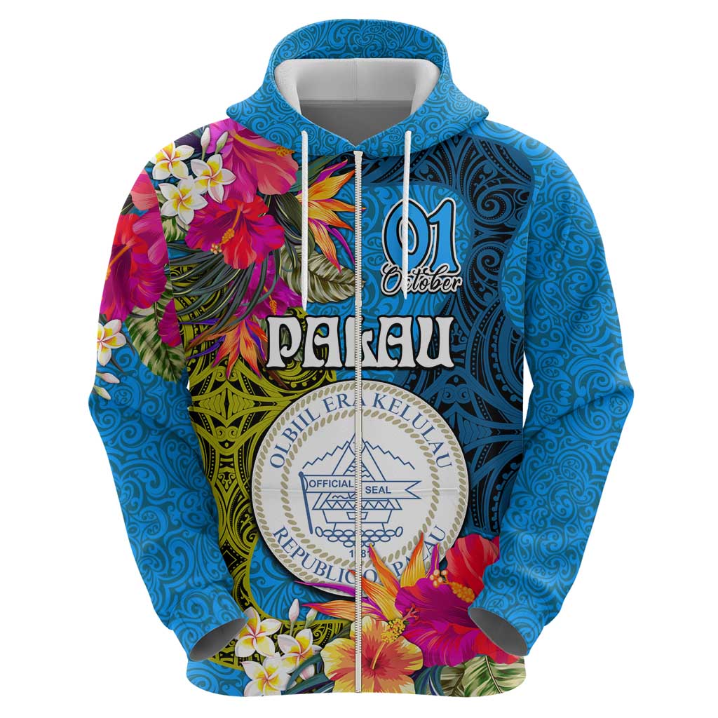 Personalised Palau Independence Day Zip Hoodie 1st October 30th Anniversary Polynesian Jungle Flower LT03 - Polynesian Pride