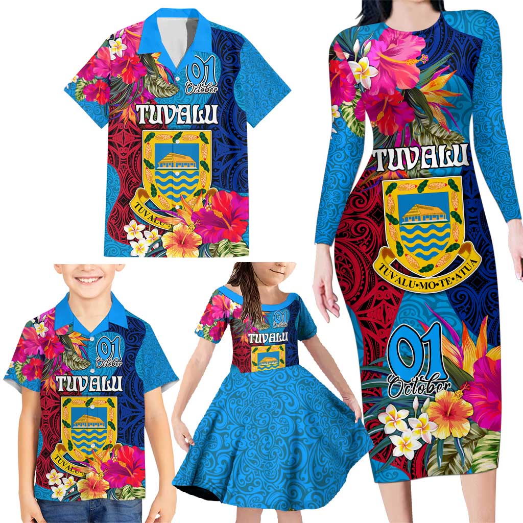 Tuvalu Independence Day Family Matching Long Sleeve Bodycon Dress and Hawaiian Shirt 1st October 46th Anniversary Polynesian Jungle Flower LT03 - Polynesian Pride