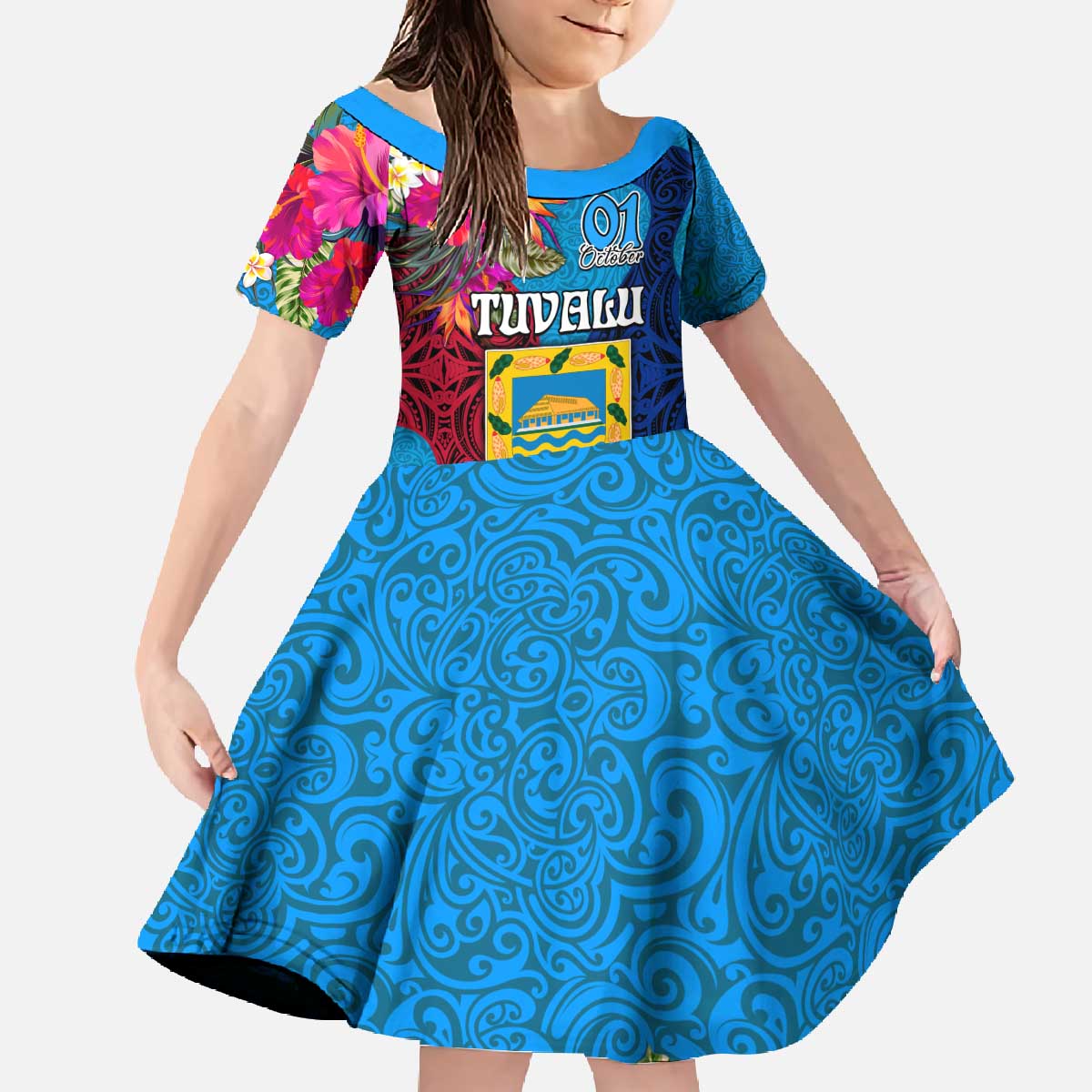 Tuvalu Independence Day Family Matching Off The Shoulder Long Sleeve Dress and Hawaiian Shirt 1st October 46th Anniversary Polynesian Jungle Flower LT03 Daughter's Dress Blue - Polynesian Pride