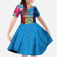Tuvalu Independence Day Family Matching Off The Shoulder Long Sleeve Dress and Hawaiian Shirt 1st October 46th Anniversary Polynesian Jungle Flower LT03 Daughter's Dress Blue - Polynesian Pride