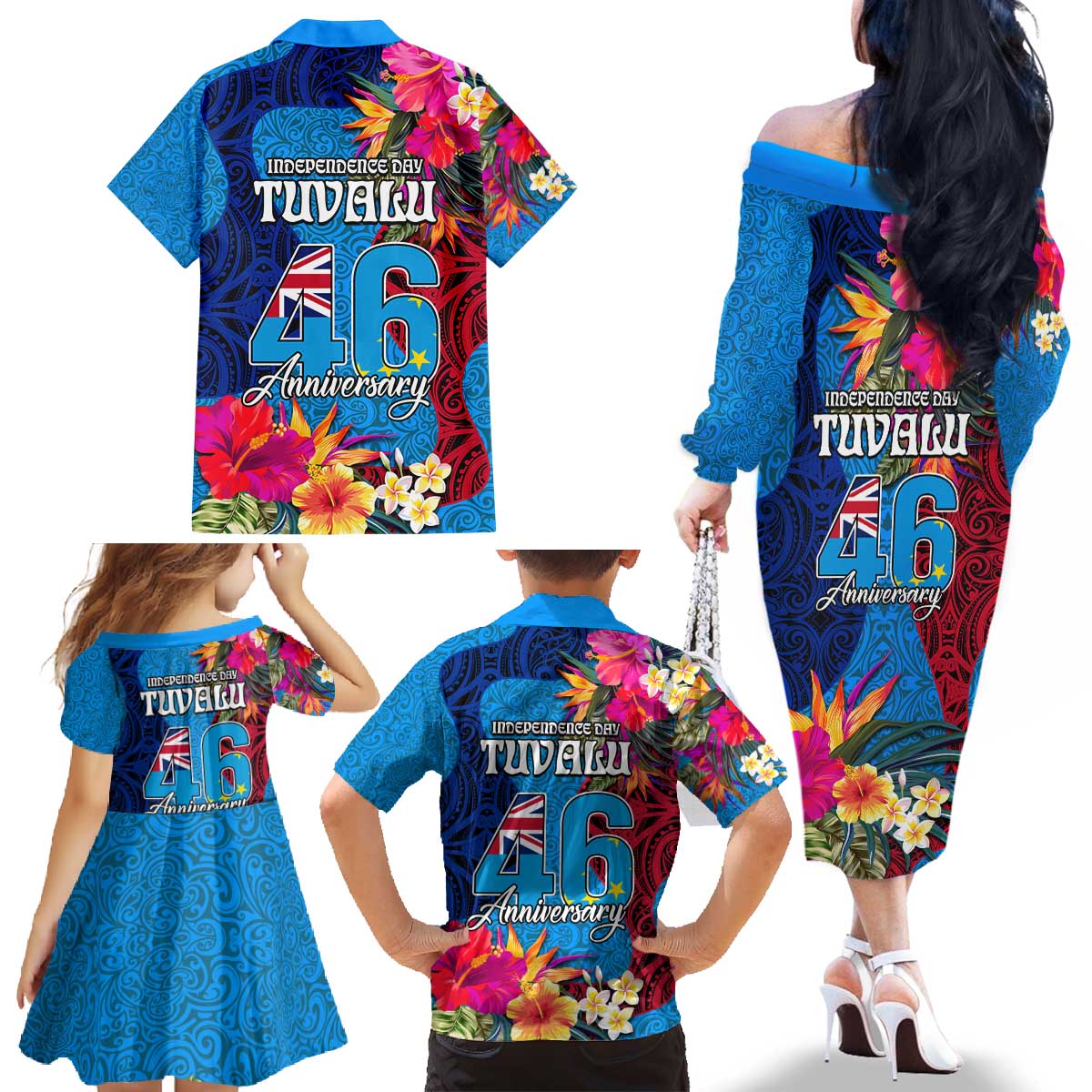 Tuvalu Independence Day Family Matching Off The Shoulder Long Sleeve Dress and Hawaiian Shirt 1st October 46th Anniversary Polynesian Jungle Flower LT03 - Polynesian Pride