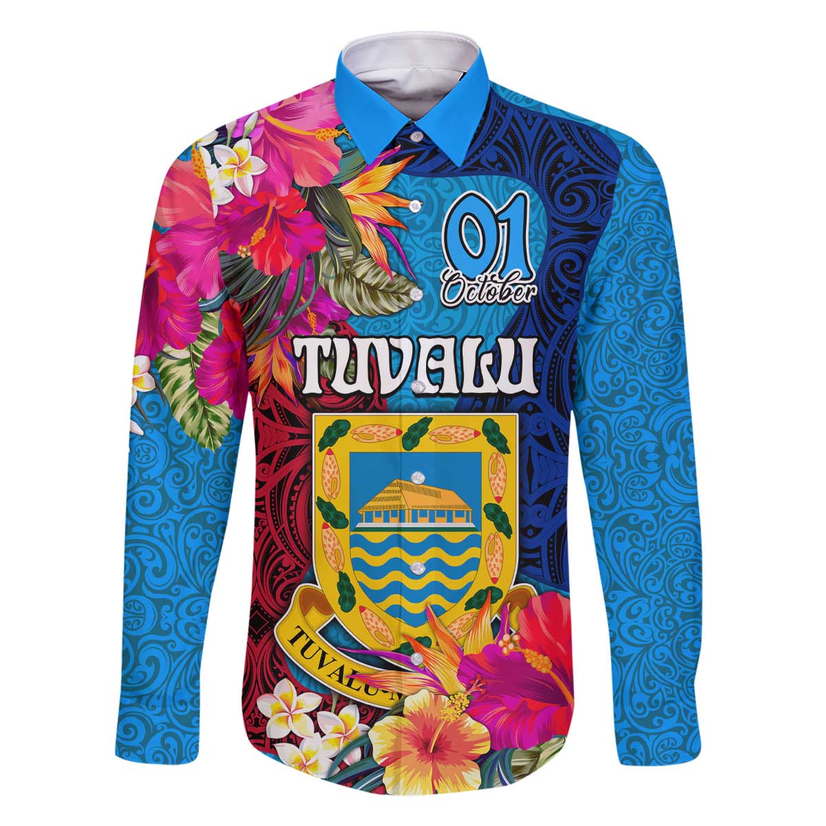 Tuvalu Independence Day Family Matching Off The Shoulder Long Sleeve Dress and Hawaiian Shirt 1st October 46th Anniversary Polynesian Jungle Flower LT03 Dad's Shirt - Long Sleeve Blue - Polynesian Pride