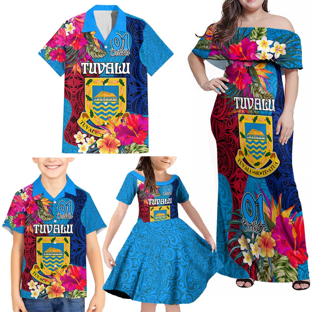 Tuvalu Independence Day Family Matching Off Shoulder Maxi Dress and Hawaiian Shirt 1st October 46th Anniversary Polynesian Jungle Flower LT03 - Polynesian Pride
