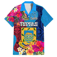 Tuvalu Independence Day Family Matching Off Shoulder Maxi Dress and Hawaiian Shirt 1st October 46th Anniversary Polynesian Jungle Flower LT03 Dad's Shirt - Short Sleeve Blue - Polynesian Pride