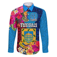 Tuvalu Independence Day Family Matching Off Shoulder Maxi Dress and Hawaiian Shirt 1st October 46th Anniversary Polynesian Jungle Flower LT03 Dad's Shirt - Long Sleeve Blue - Polynesian Pride