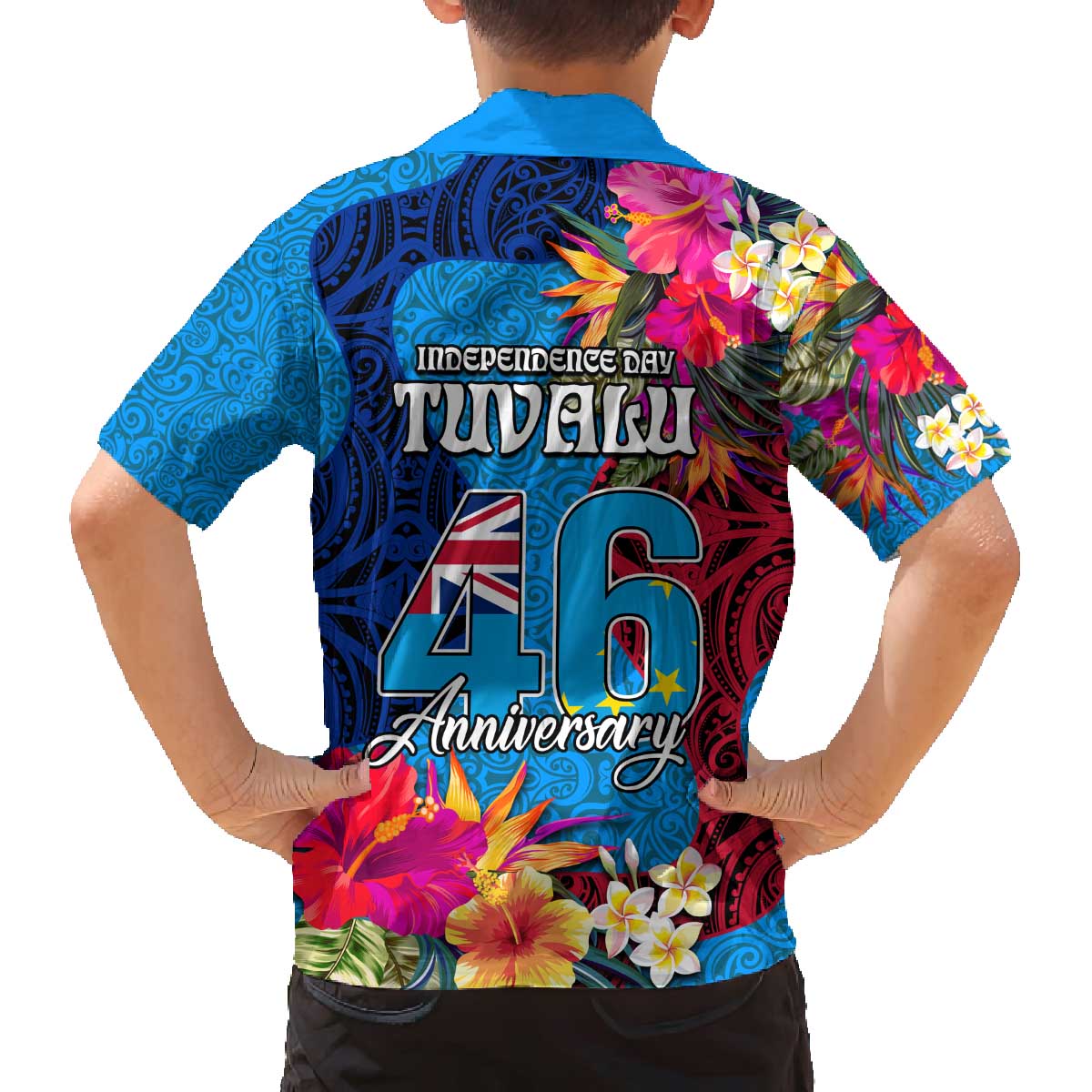 Tuvalu Independence Day Family Matching Off Shoulder Short Dress and Hawaiian Shirt 1st October 46th Anniversary Polynesian Jungle Flower LT03 - Polynesian Pride