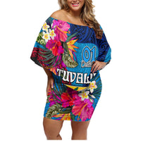 Tuvalu Independence Day Family Matching Off Shoulder Short Dress and Hawaiian Shirt 1st October 46th Anniversary Polynesian Jungle Flower LT03 Mom's Dress Blue - Polynesian Pride