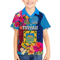 Tuvalu Independence Day Family Matching Off Shoulder Short Dress and Hawaiian Shirt 1st October 46th Anniversary Polynesian Jungle Flower LT03 Son's Shirt Blue - Polynesian Pride
