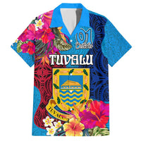 Tuvalu Independence Day Family Matching Short Sleeve Bodycon Dress and Hawaiian Shirt 1st October 46th Anniversary Polynesian Jungle Flower LT03 Dad's Shirt - Short Sleeve Blue - Polynesian Pride