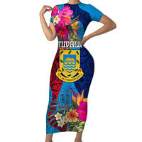 Tuvalu Independence Day Family Matching Short Sleeve Bodycon Dress and Hawaiian Shirt 1st October 46th Anniversary Polynesian Jungle Flower LT03 Mom's Dress Blue - Polynesian Pride