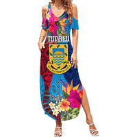 Tuvalu Independence Day Family Matching Summer Maxi Dress and Hawaiian Shirt 1st October 46th Anniversary Polynesian Jungle Flower LT03 Mom's Dress Blue - Polynesian Pride