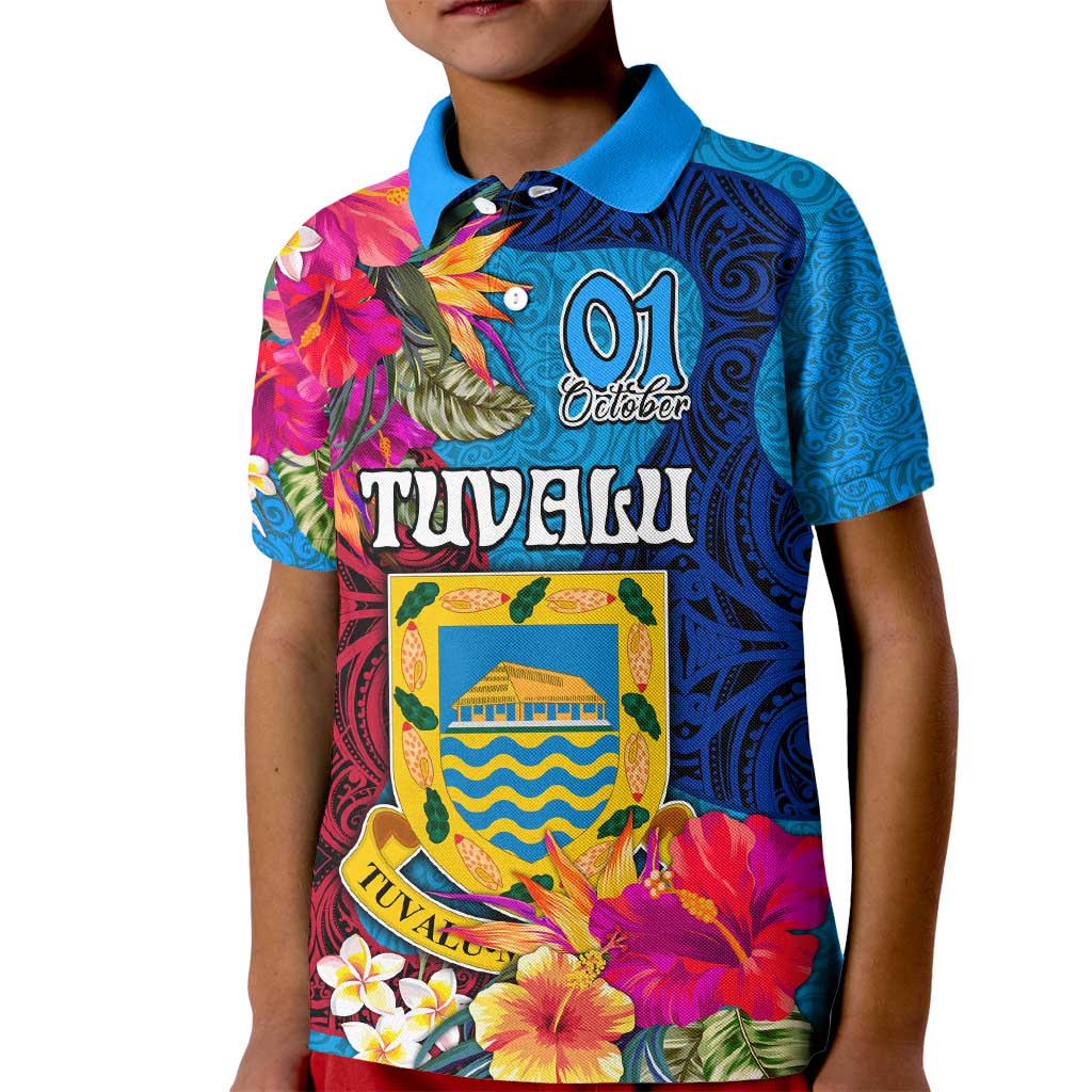 Tuvalu Independence Day Kid Polo Shirt 1st October 46th Anniversary Polynesian Jungle Flower LT03 Kid Blue - Polynesian Pride