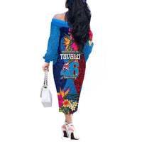 Tuvalu Independence Day Off The Shoulder Long Sleeve Dress 1st October 46th Anniversary Polynesian Jungle Flower LT03 - Polynesian Pride