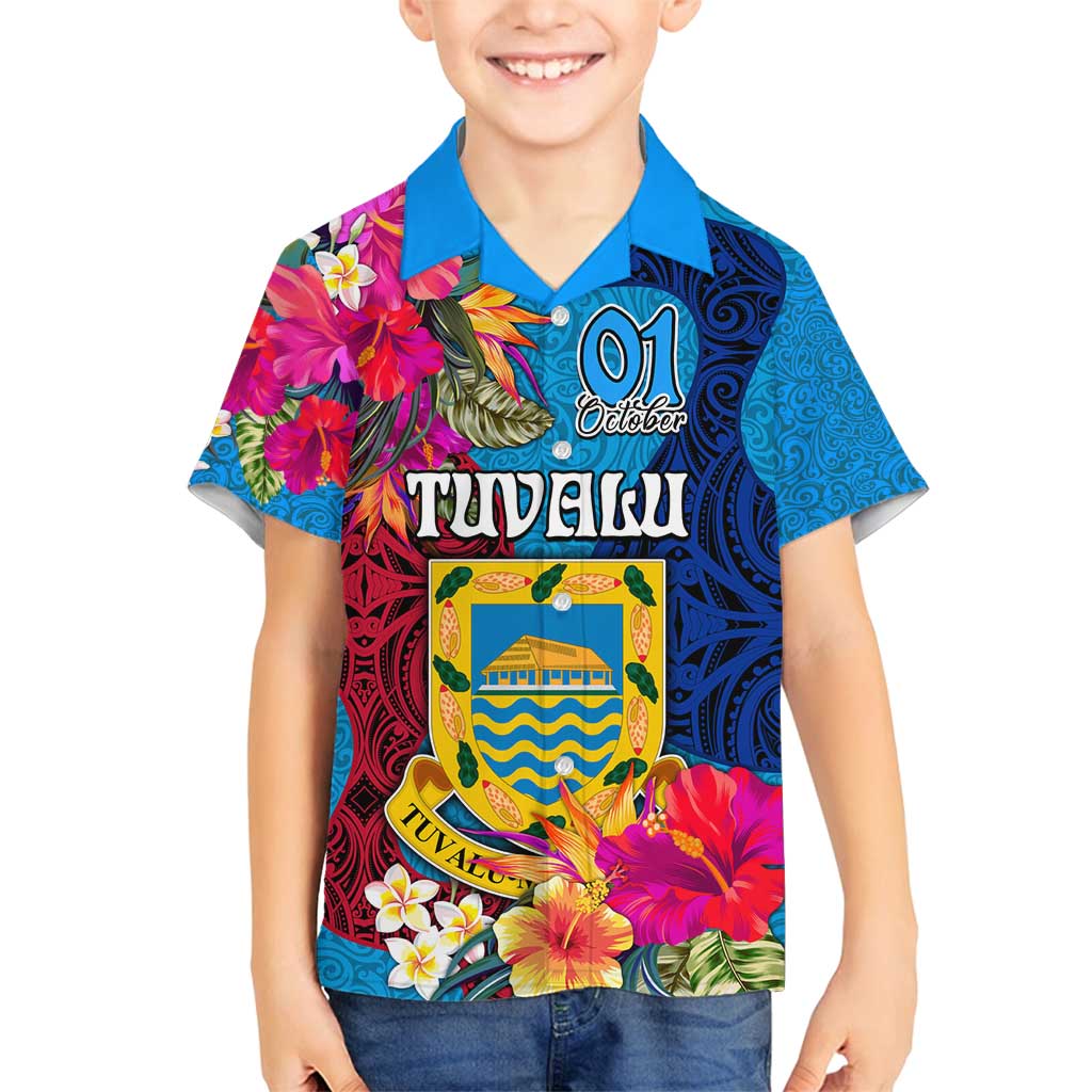 Personalised Tuvalu Independence Day Family Matching Long Sleeve Bodycon Dress and Hawaiian Shirt 1st October 46th Anniversary Polynesian Jungle Flower LT03 Son's Shirt Blue - Polynesian Pride
