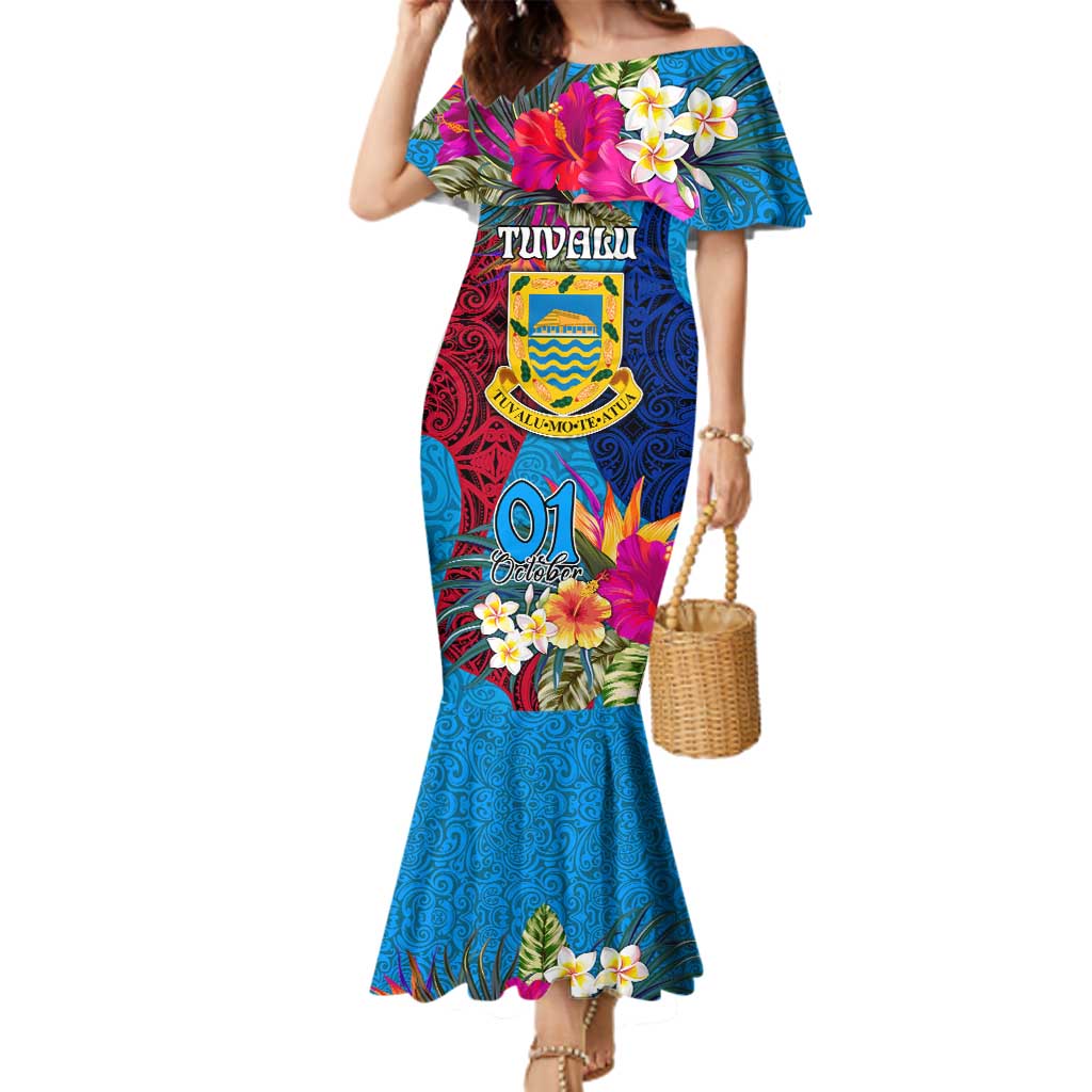 Personalised Tuvalu Independence Day Family Matching Mermaid Dress and Hawaiian Shirt 1st October 46th Anniversary Polynesian Jungle Flower LT03 Mom's Dress Blue - Polynesian Pride