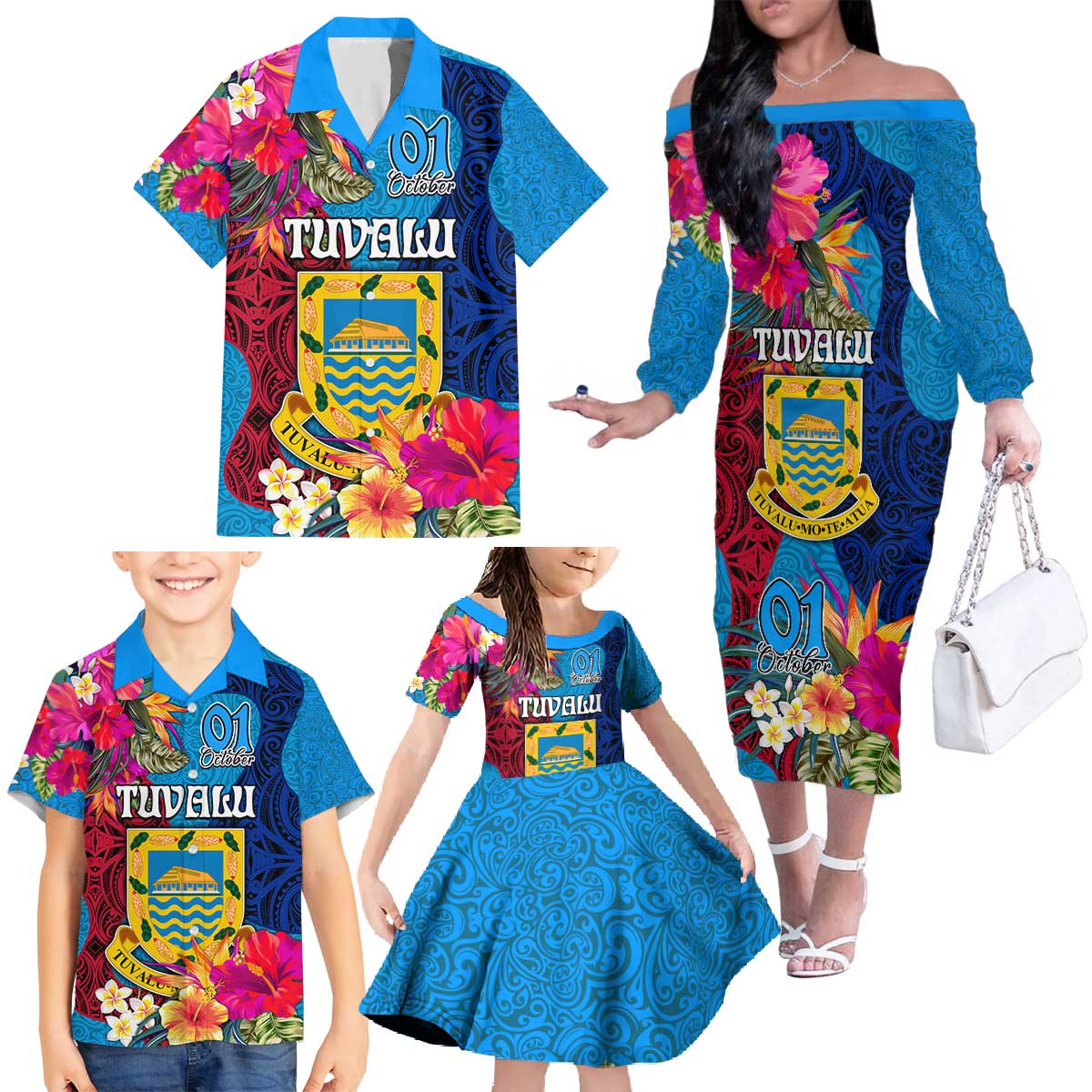 Personalised Tuvalu Independence Day Family Matching Off The Shoulder Long Sleeve Dress and Hawaiian Shirt 1st October 46th Anniversary Polynesian Jungle Flower LT03 - Polynesian Pride