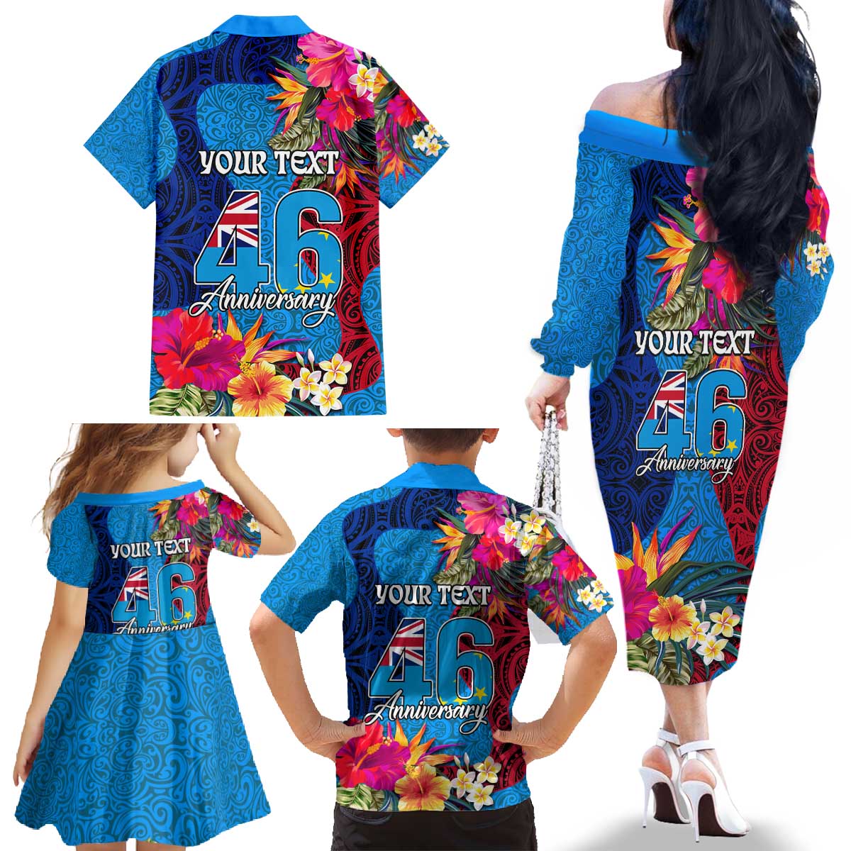 Personalised Tuvalu Independence Day Family Matching Off The Shoulder Long Sleeve Dress and Hawaiian Shirt 1st October 46th Anniversary Polynesian Jungle Flower LT03 - Polynesian Pride
