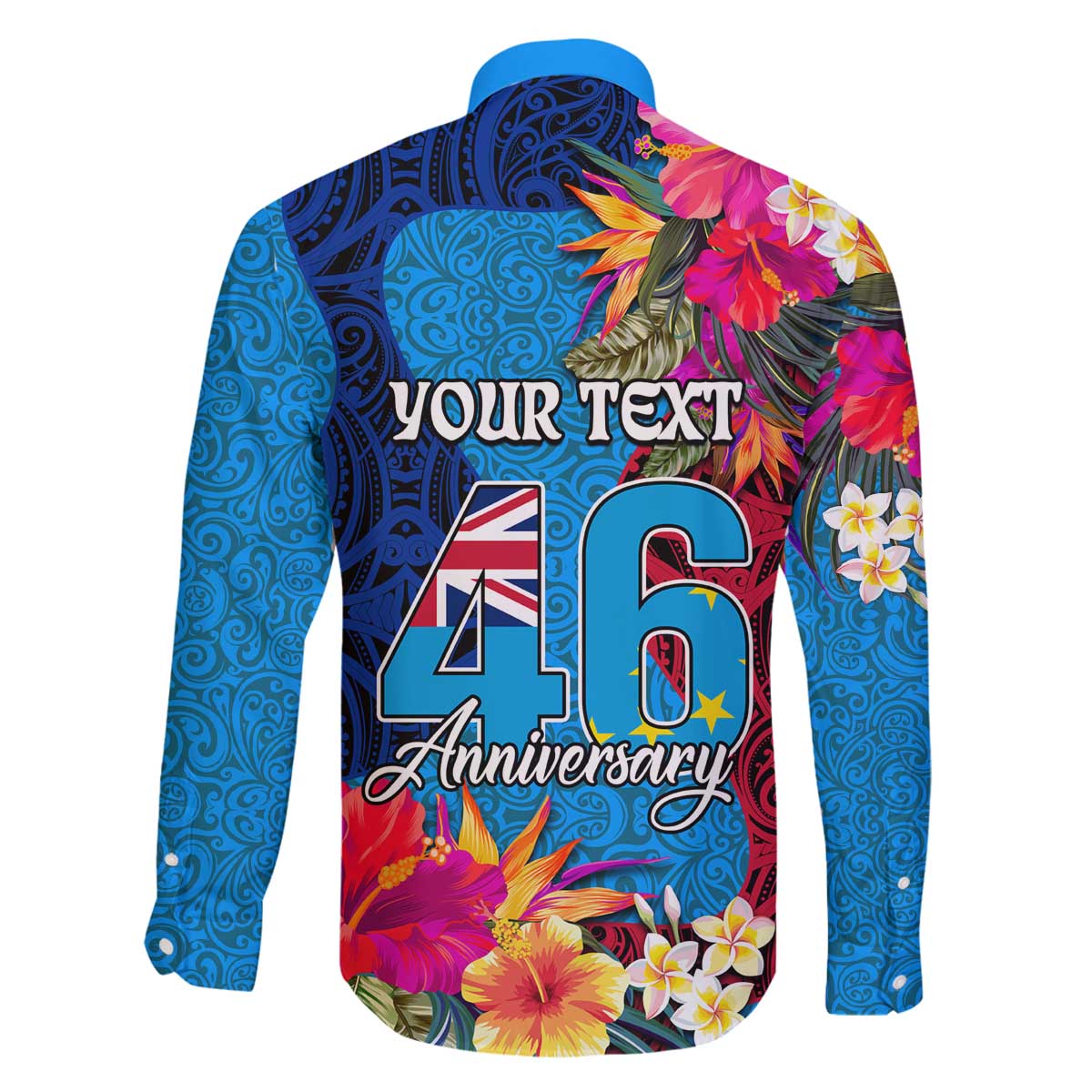 Personalised Tuvalu Independence Day Family Matching Off The Shoulder Long Sleeve Dress and Hawaiian Shirt 1st October 46th Anniversary Polynesian Jungle Flower LT03 - Polynesian Pride