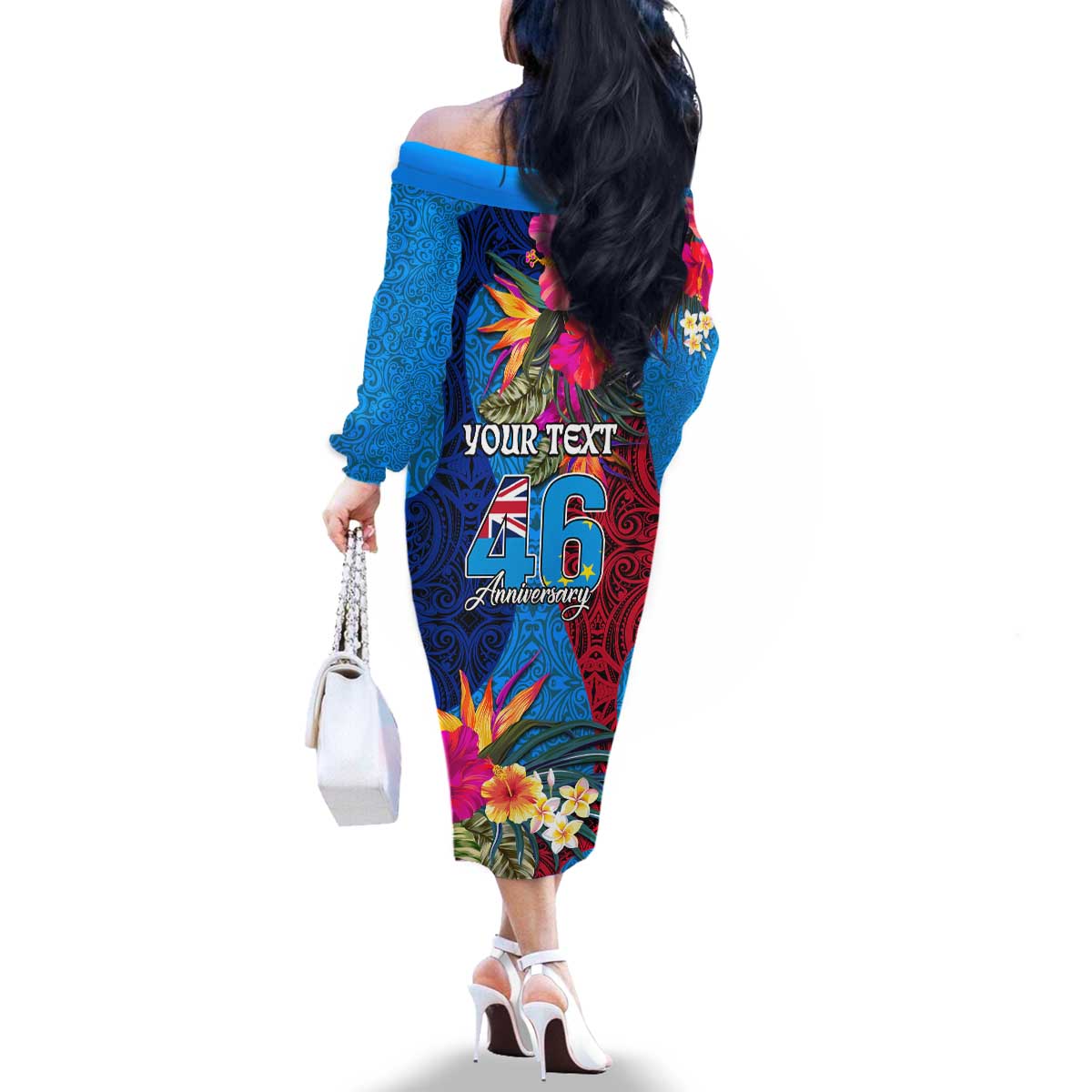 Personalised Tuvalu Independence Day Family Matching Off The Shoulder Long Sleeve Dress and Hawaiian Shirt 1st October 46th Anniversary Polynesian Jungle Flower LT03 - Polynesian Pride