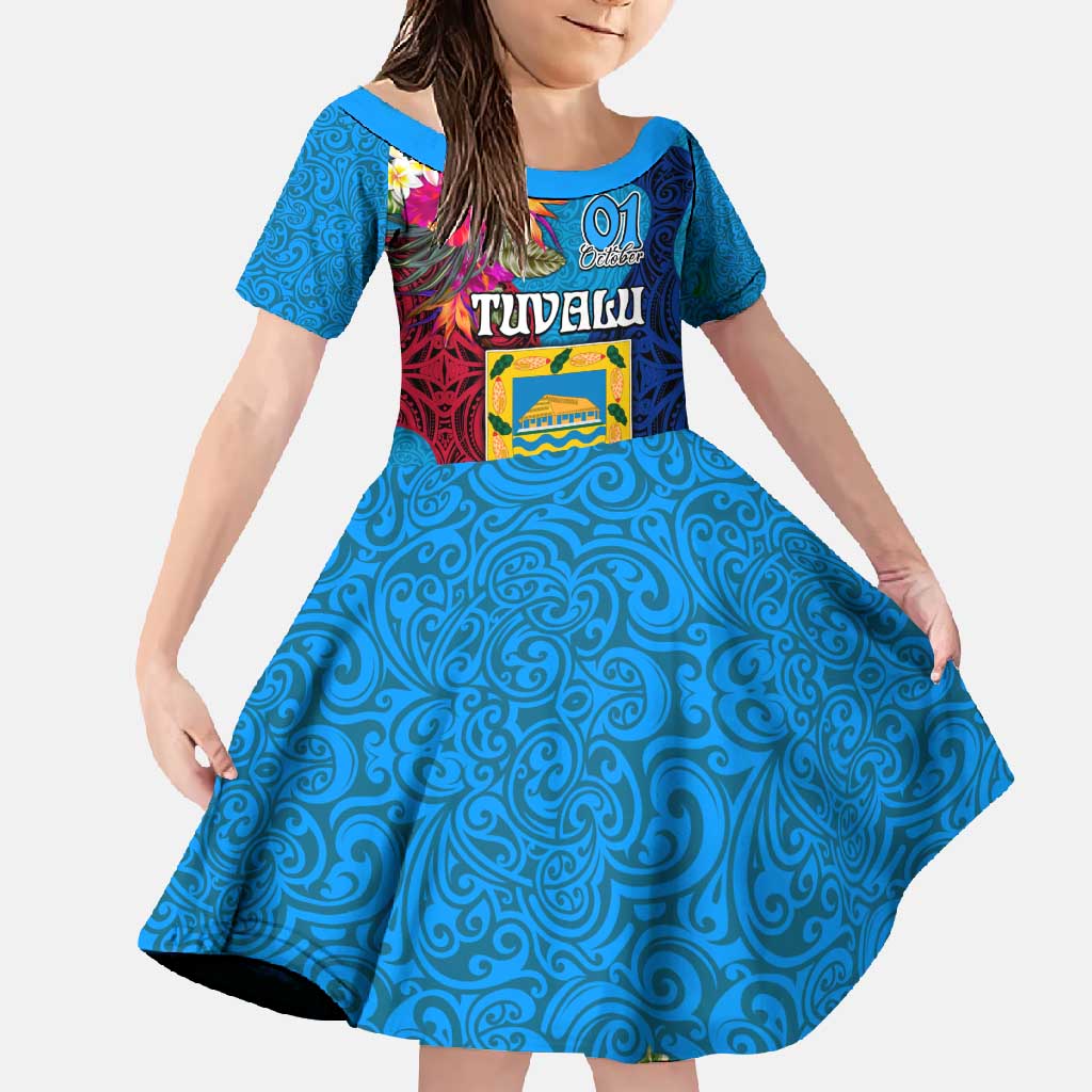 Personalised Tuvalu Independence Day Family Matching Off Shoulder Maxi Dress and Hawaiian Shirt 1st October 46th Anniversary Polynesian Jungle Flower LT03 Daughter's Dress Blue - Polynesian Pride