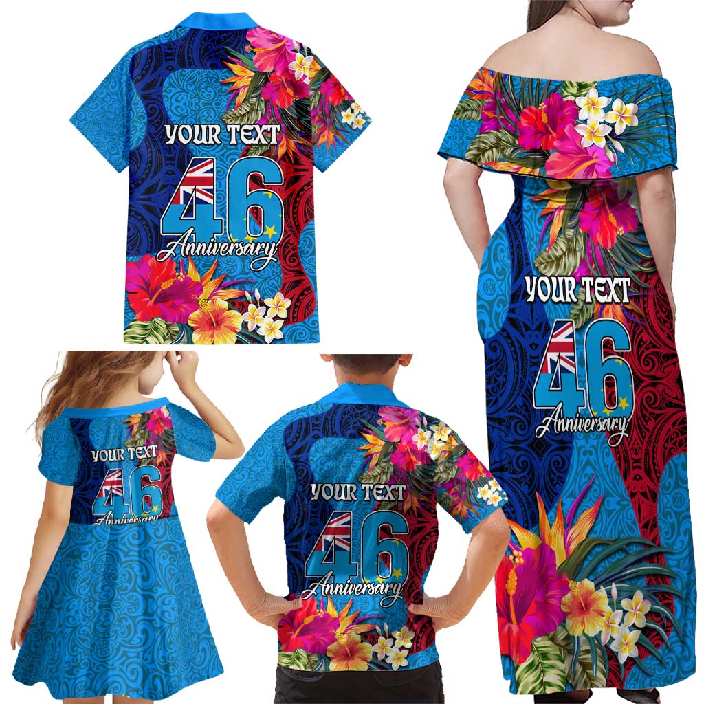 Personalised Tuvalu Independence Day Family Matching Off Shoulder Maxi Dress and Hawaiian Shirt 1st October 46th Anniversary Polynesian Jungle Flower LT03 - Polynesian Pride