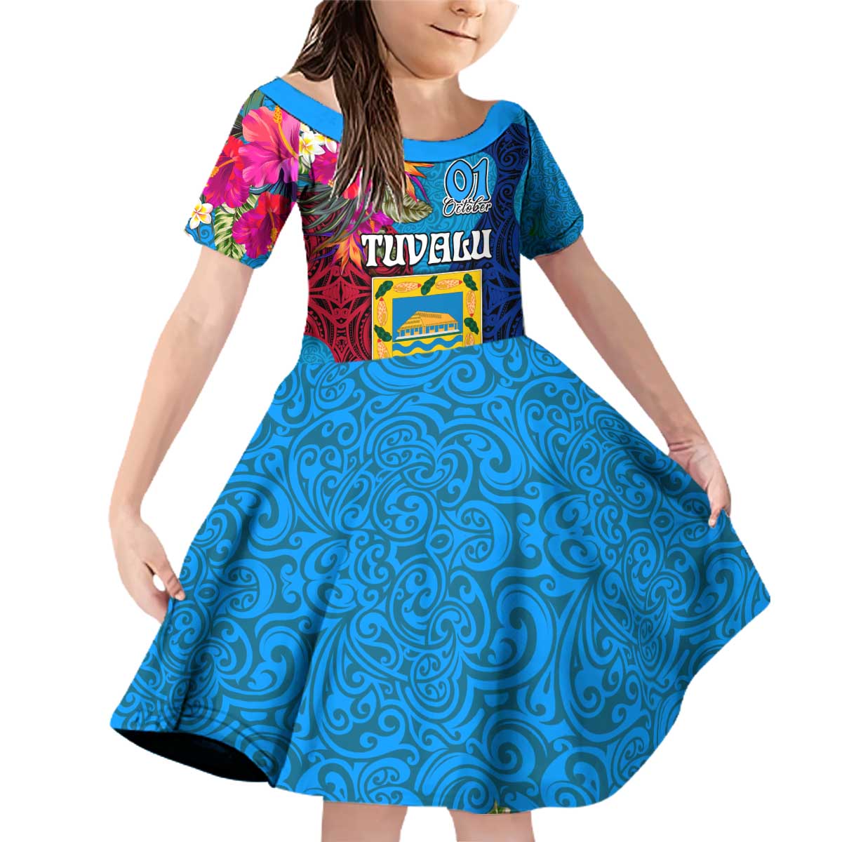 Personalised Tuvalu Independence Day Family Matching Off Shoulder Short Dress and Hawaiian Shirt 1st October 46th Anniversary Polynesian Jungle Flower LT03 Daughter's Dress Blue - Polynesian Pride
