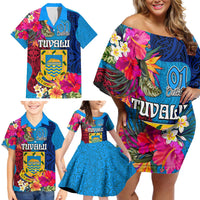 Personalised Tuvalu Independence Day Family Matching Off Shoulder Short Dress and Hawaiian Shirt 1st October 46th Anniversary Polynesian Jungle Flower LT03 - Polynesian Pride