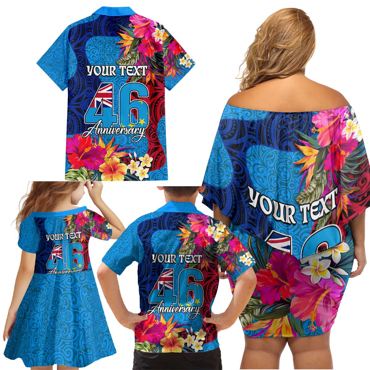 Personalised Tuvalu Independence Day Family Matching Off Shoulder Short Dress and Hawaiian Shirt 1st October 46th Anniversary Polynesian Jungle Flower LT03 - Polynesian Pride