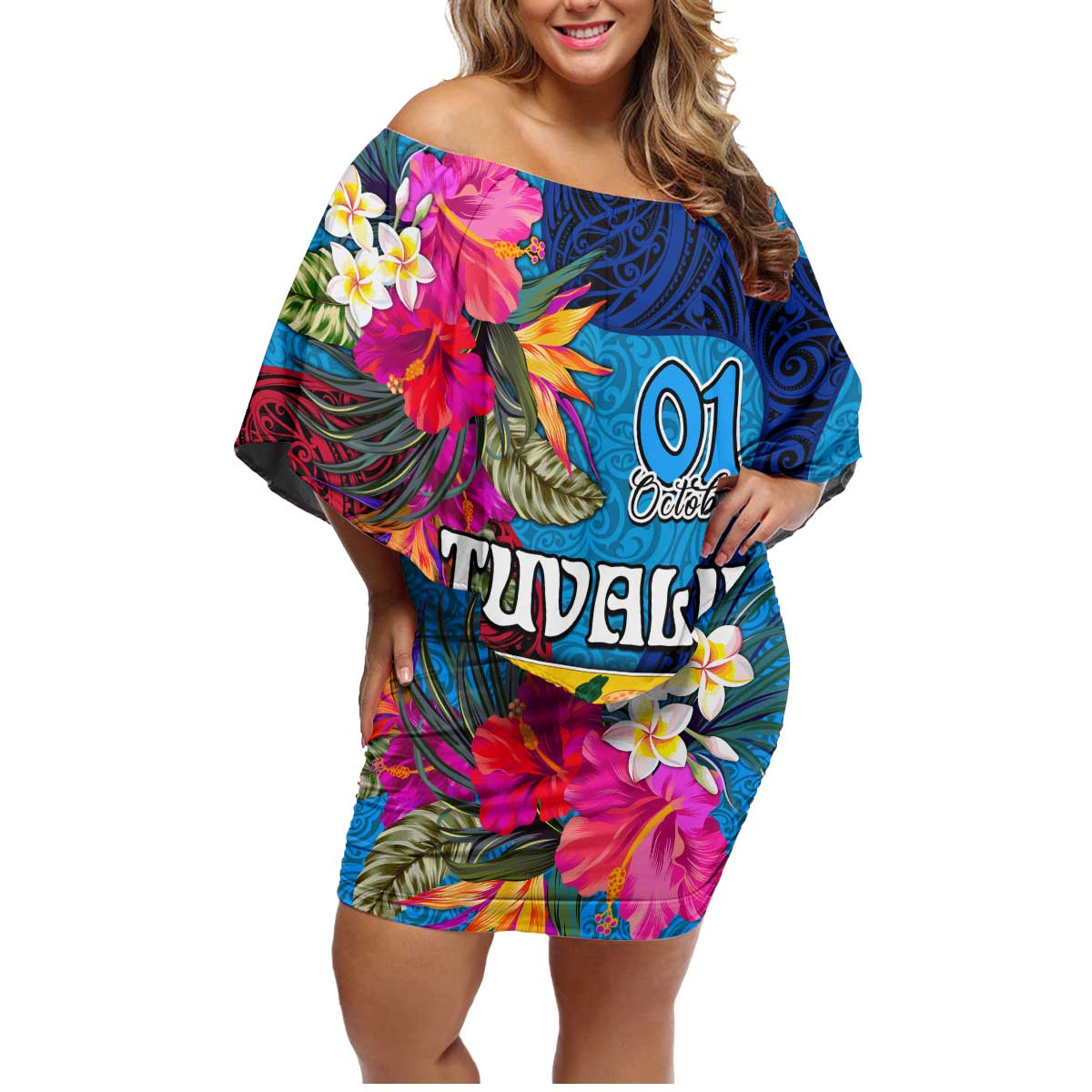Personalised Tuvalu Independence Day Family Matching Off Shoulder Short Dress and Hawaiian Shirt 1st October 46th Anniversary Polynesian Jungle Flower LT03 Mom's Dress Blue - Polynesian Pride