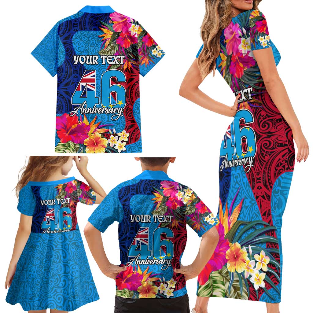 Personalised Tuvalu Independence Day Family Matching Short Sleeve Bodycon Dress and Hawaiian Shirt 1st October 46th Anniversary Polynesian Jungle Flower LT03 - Polynesian Pride