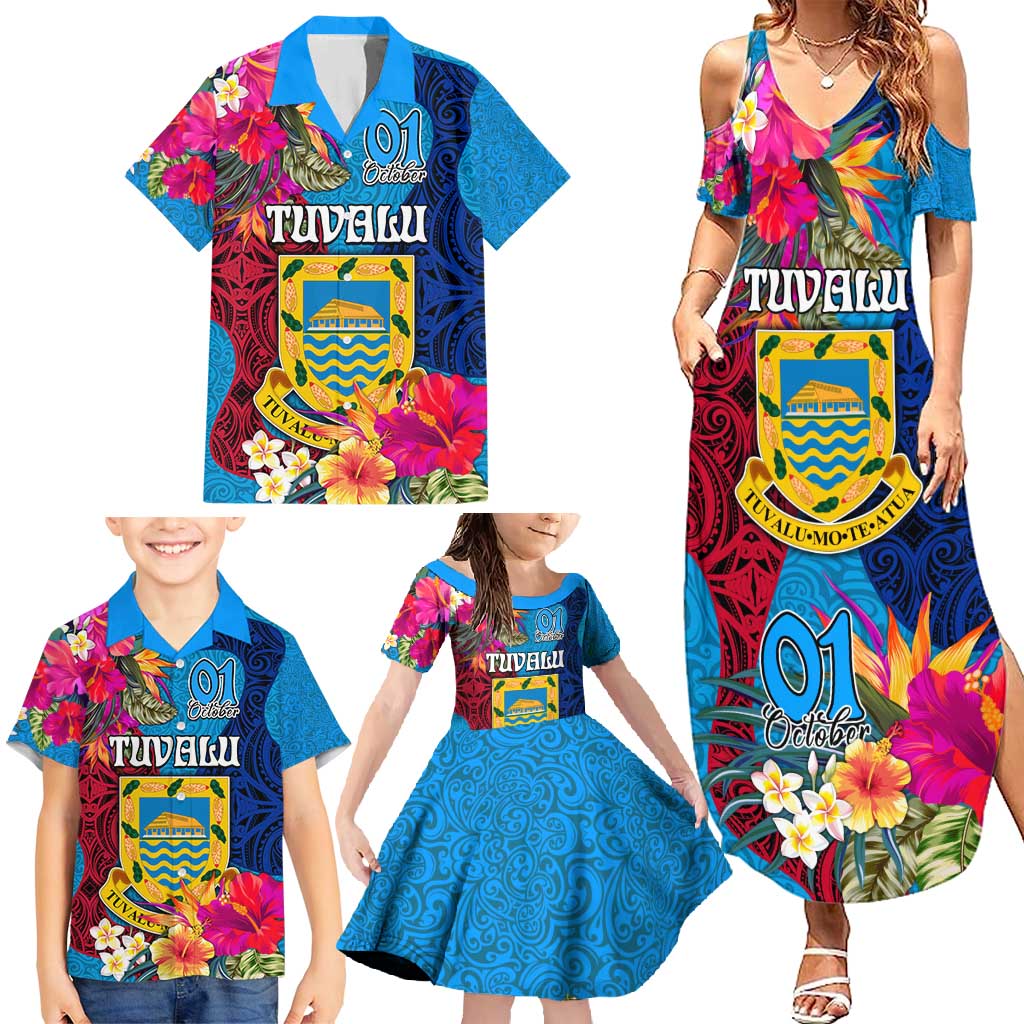 Personalised Tuvalu Independence Day Family Matching Summer Maxi Dress and Hawaiian Shirt 1st October 46th Anniversary Polynesian Jungle Flower LT03 - Polynesian Pride