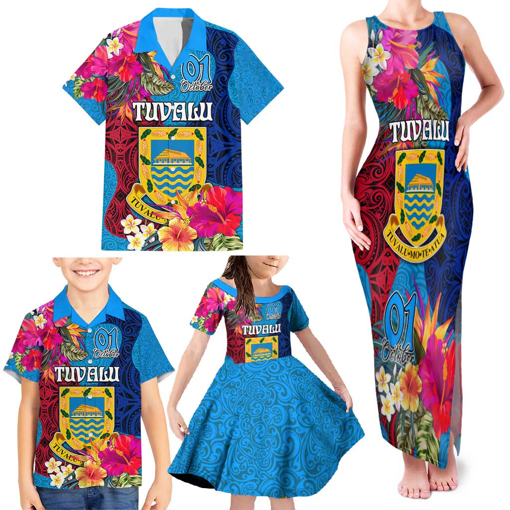 Personalised Tuvalu Independence Day Family Matching Tank Maxi Dress and Hawaiian Shirt 1st October 46th Anniversary Polynesian Jungle Flower LT03 - Polynesian Pride