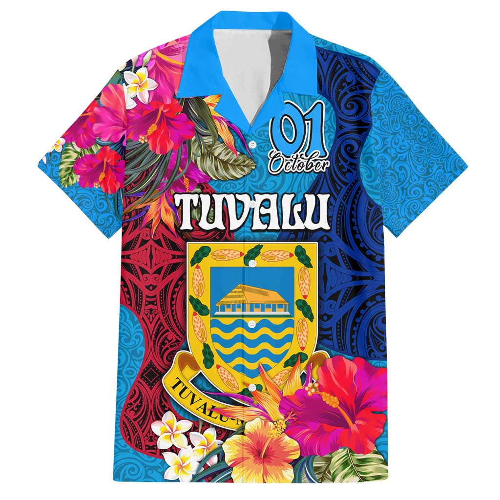 Personalised Tuvalu Independence Day Family Matching Tank Maxi Dress and Hawaiian Shirt 1st October 46th Anniversary Polynesian Jungle Flower LT03 Dad's Shirt - Short Sleeve Blue - Polynesian Pride