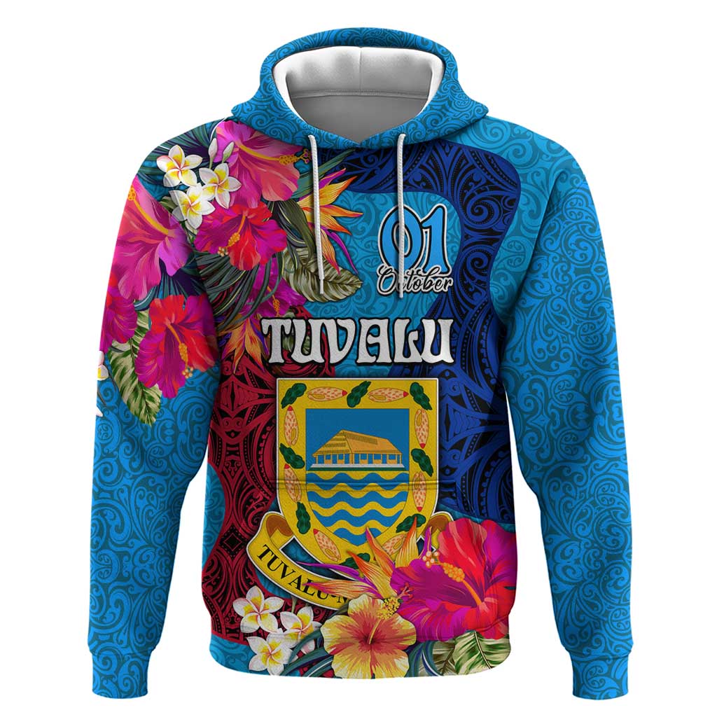 Personalised Tuvalu Independence Day Zip Hoodie 1st October 46th Anniversary Polynesian Jungle Flower LT03 Pullover Hoodie Blue - Polynesian Pride
