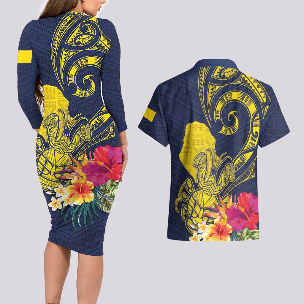Niue Independence Day Couples Matching Long Sleeve Bodycon Dress and Hawaiian Shirt Hiapo Pattern Hibiscus Plumeria and Uga LT03 - Polynesian Pride