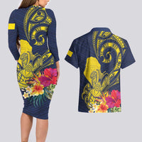 Niue Independence Day Couples Matching Long Sleeve Bodycon Dress and Hawaiian Shirt Hiapo Pattern Hibiscus Plumeria and Uga LT03 - Polynesian Pride