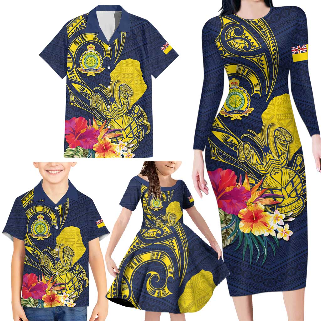 Niue Independence Day Family Matching Long Sleeve Bodycon Dress and Hawaiian Shirt Hiapo Pattern Hibiscus Plumeria and Uga LT03 - Polynesian Pride
