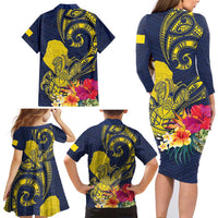 Niue Independence Day Family Matching Long Sleeve Bodycon Dress and Hawaiian Shirt Hiapo Pattern Hibiscus Plumeria and Uga LT03 - Polynesian Pride