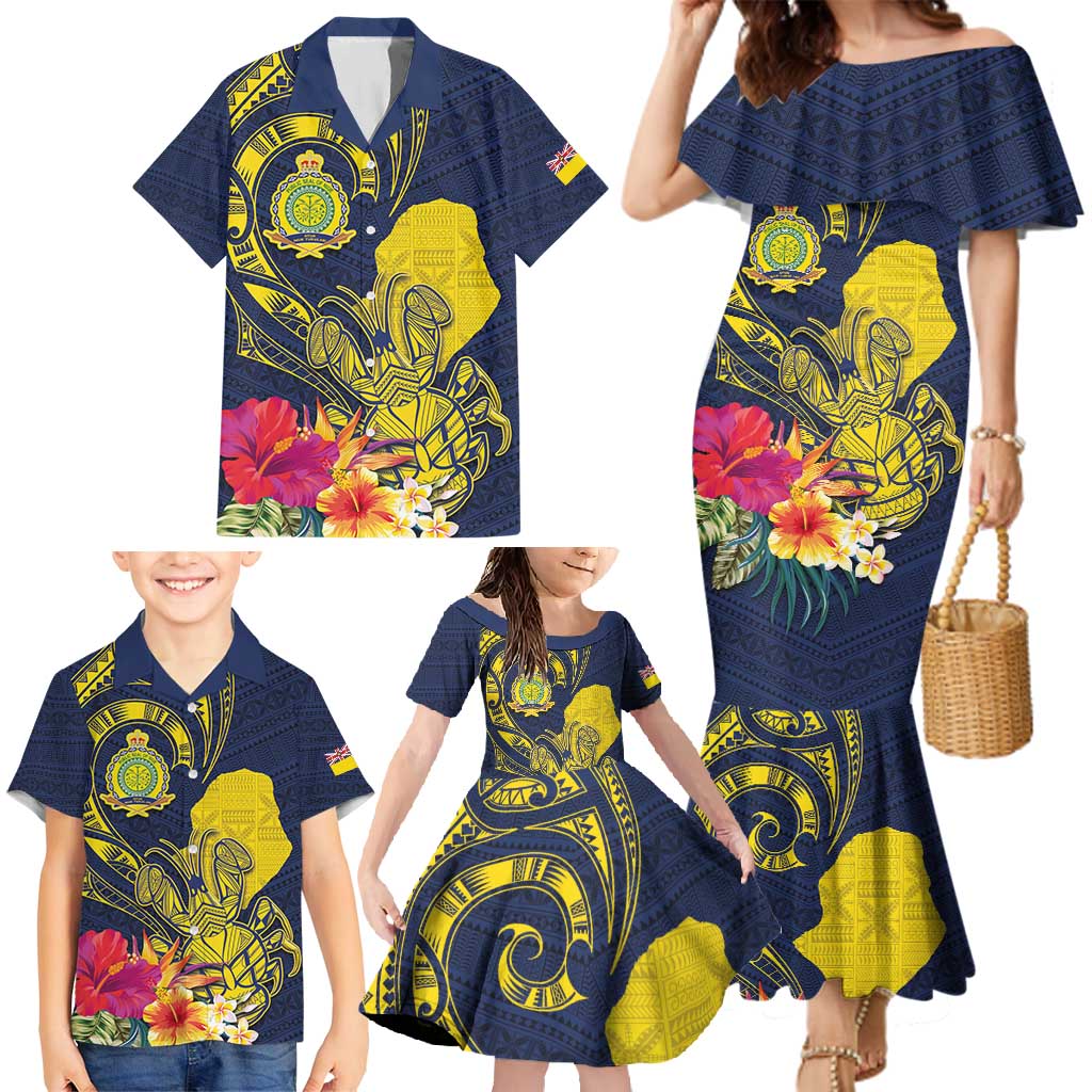 Niue Independence Day Family Matching Mermaid Dress and Hawaiian Shirt Hiapo Pattern Hibiscus Plumeria and Uga LT03 - Polynesian Pride
