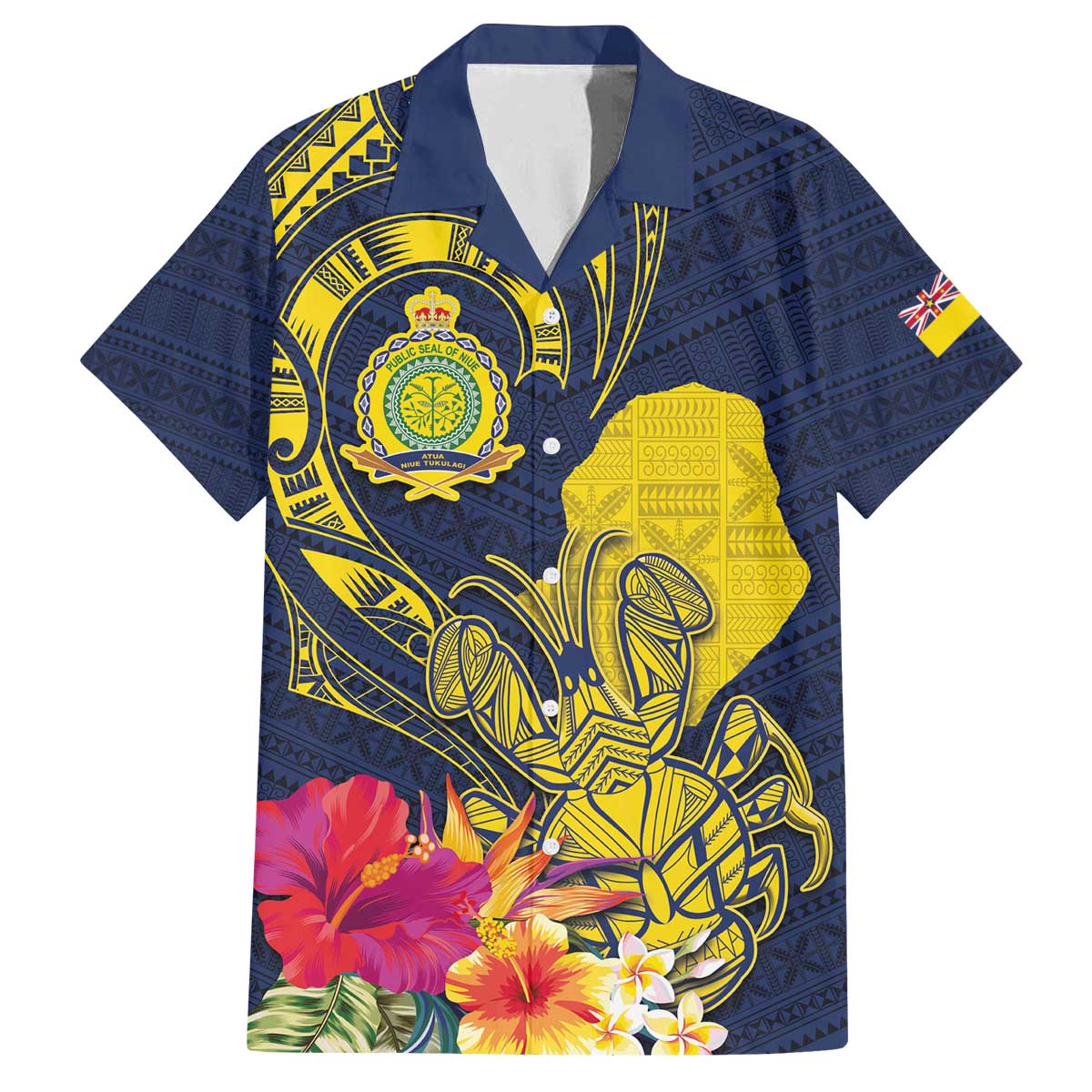 Niue Independence Day Family Matching Off The Shoulder Long Sleeve Dress and Hawaiian Shirt Hiapo Pattern Hibiscus Plumeria and Uga LT03 Dad's Shirt - Short Sleeve Yellow - Polynesian Pride