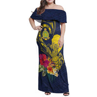 Niue Independence Day Family Matching Off Shoulder Maxi Dress and Hawaiian Shirt Hiapo Pattern Hibiscus Plumeria and Uga LT03 Mom's Dress Yellow - Polynesian Pride