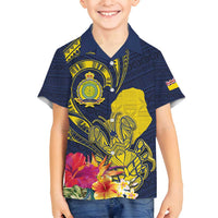 Niue Independence Day Family Matching Off Shoulder Maxi Dress and Hawaiian Shirt Hiapo Pattern Hibiscus Plumeria and Uga LT03 Son's Shirt Yellow - Polynesian Pride