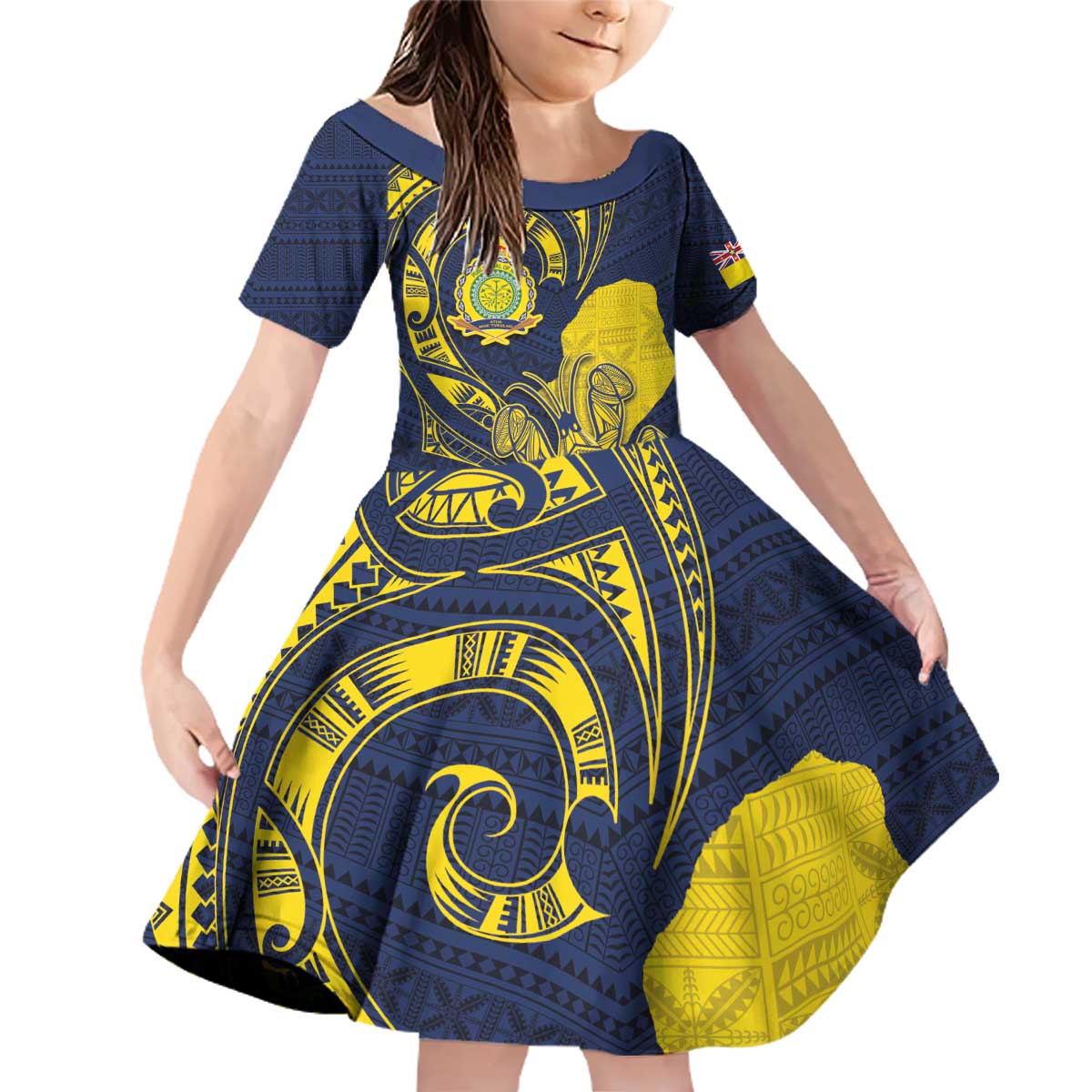 Niue Independence Day Family Matching Off Shoulder Short Dress and Hawaiian Shirt Hiapo Pattern Hibiscus Plumeria and Uga LT03 Daughter's Dress Yellow - Polynesian Pride
