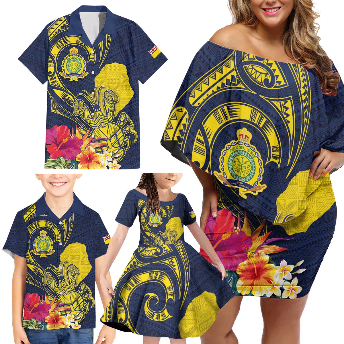 Niue Independence Day Family Matching Off Shoulder Short Dress and Hawaiian Shirt Hiapo Pattern Hibiscus Plumeria and Uga LT03 - Polynesian Pride