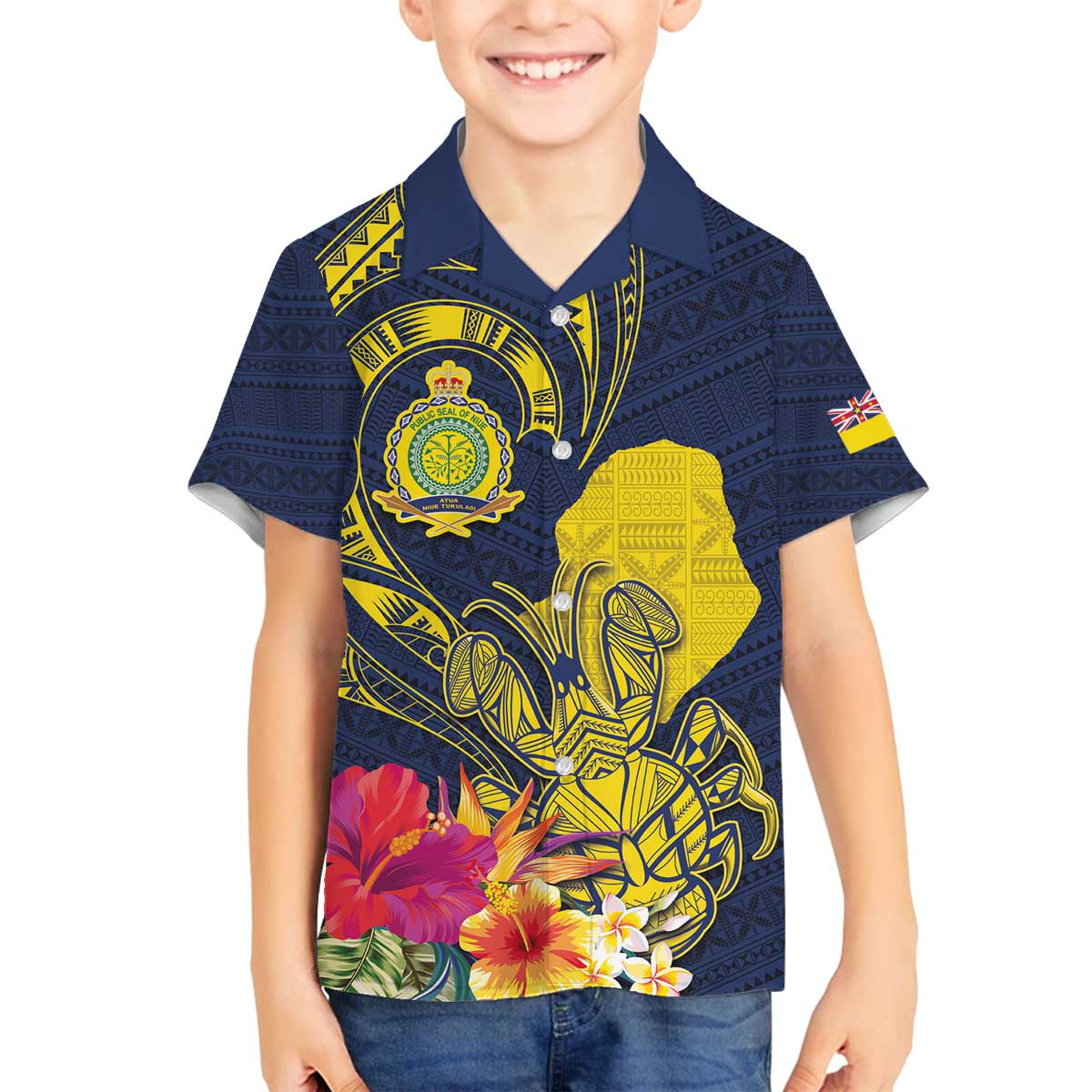 Niue Independence Day Family Matching Off Shoulder Short Dress and Hawaiian Shirt Hiapo Pattern Hibiscus Plumeria and Uga LT03 Son's Shirt Yellow - Polynesian Pride