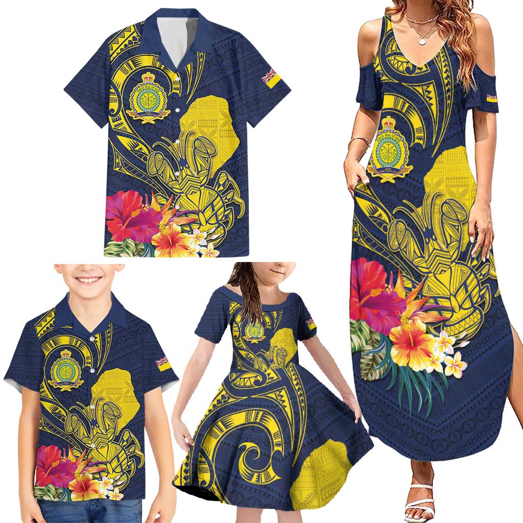 Niue Independence Day Family Matching Summer Maxi Dress and Hawaiian Shirt Hiapo Pattern Hibiscus Plumeria and Uga LT03 - Polynesian Pride